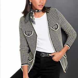 Talbots size L tipped tweed sweater jacket black white cotton front pockets